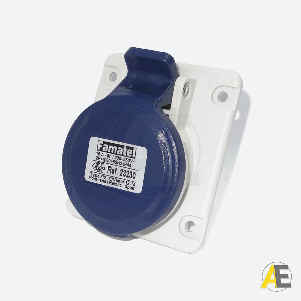 Tomada de Embutir  16A - 220/240V - 2P+T 6H - IP44 23230 - Famatel Cód. 102743