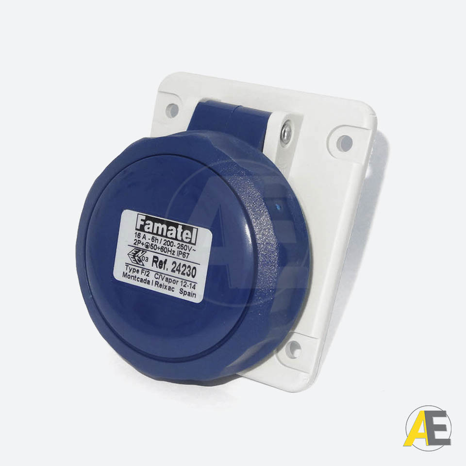 Tomada de Embutir  16A - 220/240V - 2P+T 6H - IP67 24230 - Famatel Cód. 102711
